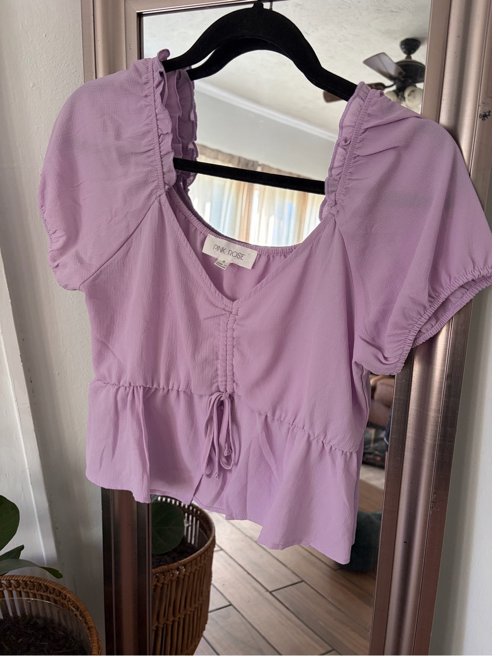 Pink Rose Lavender Peplum Top Puff Sleeve Ruffle Tie Front Cottagecore Y2K S